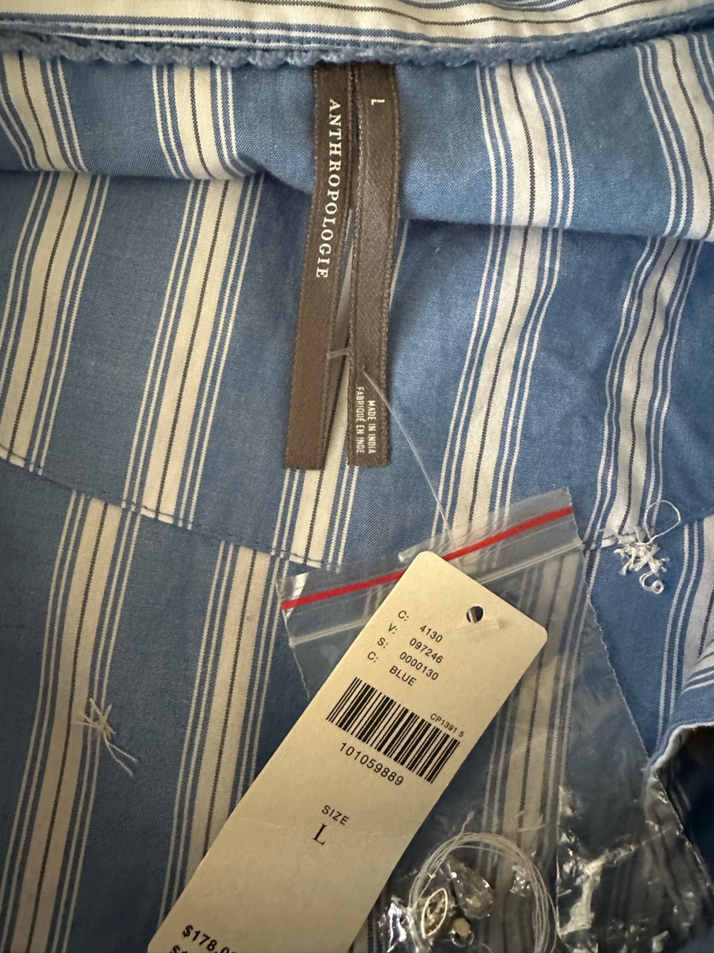 Anthropologie Blue and White Striped Shirt dress with rhinestones size L NWT - Picture 3 of 7